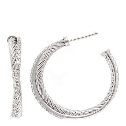 David Yurman Sterling Silver 14K White Gold Diamond Medium Crossover Hoop Earrings 1 of 4