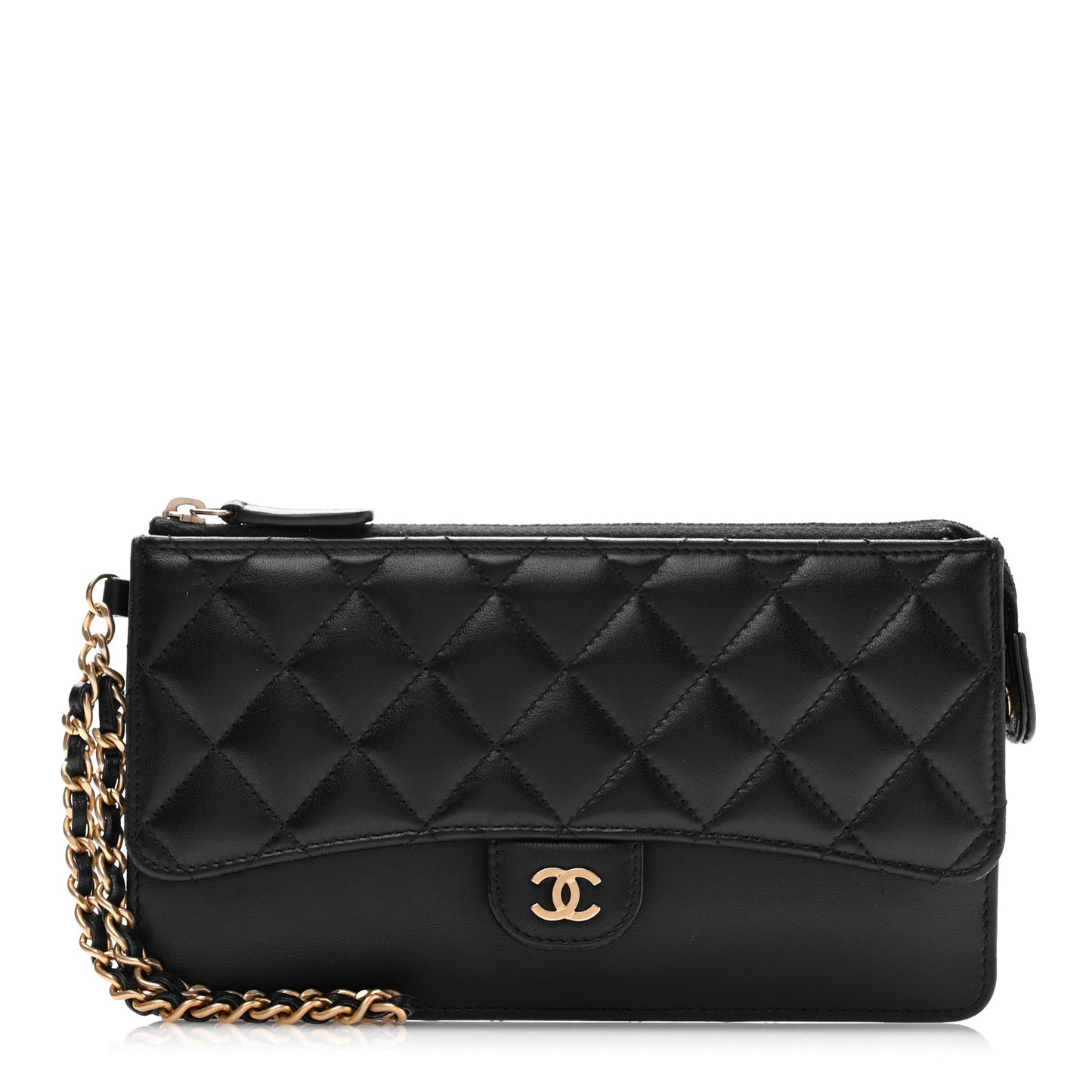 Lambskin Quilted Classic Pouch With Handle Black