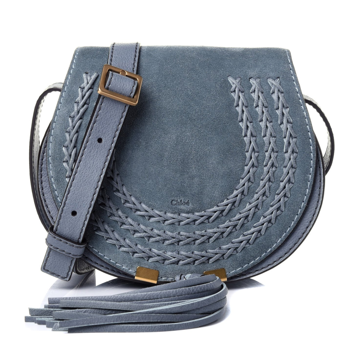 Suede Calfskin Braided Mini Marcie Round Crossbody Bag Cloudy Blue