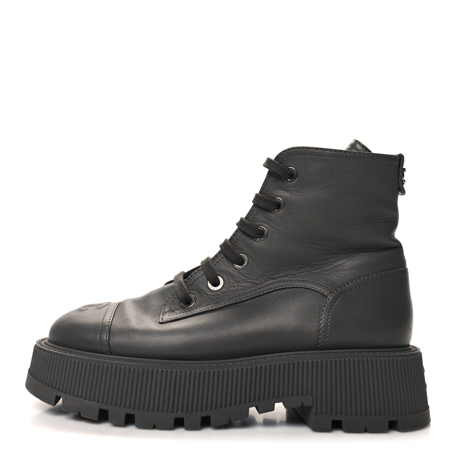 Chanel Calfskin CC Lace Up Combat Boots 38.5 Gray 1 of 11
