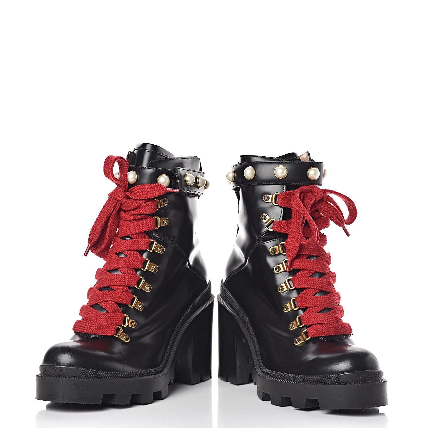 Gucci Calfskin Pearl Lace Up Combat Ankle Boots 40 Black 5 of 9