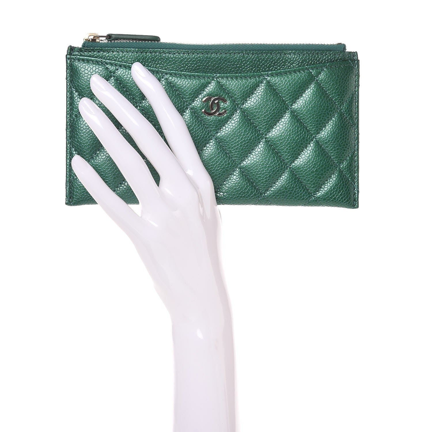 Chanel Metallic Caviar Quilted Classic Zip Pouch Green 2 of 7