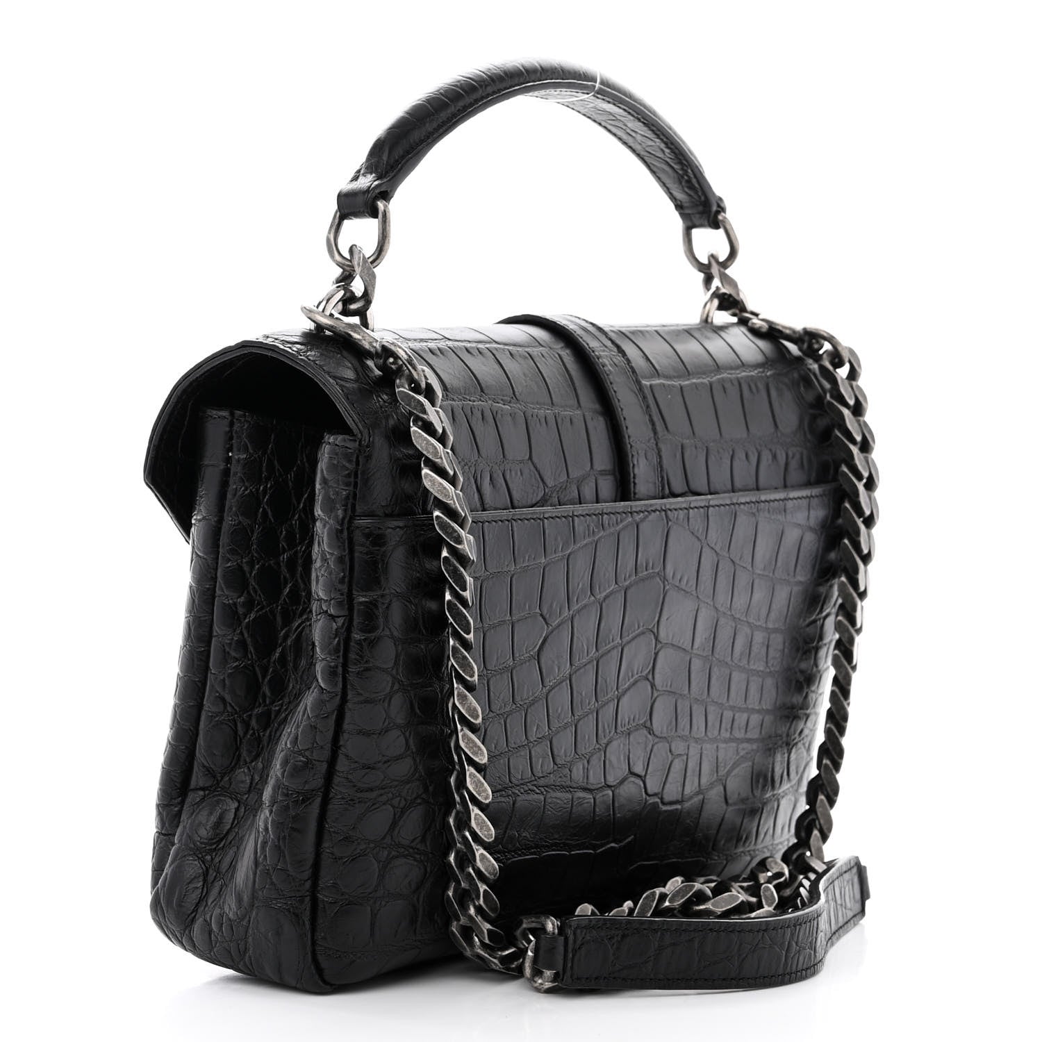 Saint Laurent Calfskin Crocodile Embossed Medium College Monogram Satchel Black 3 of 11