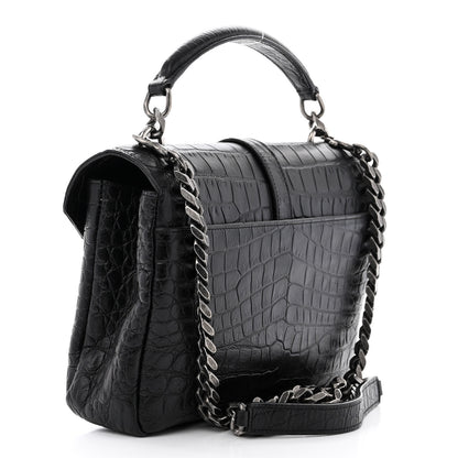 Saint Laurent Calfskin Crocodile Embossed Medium College Monogram Satchel Black 3 of 11