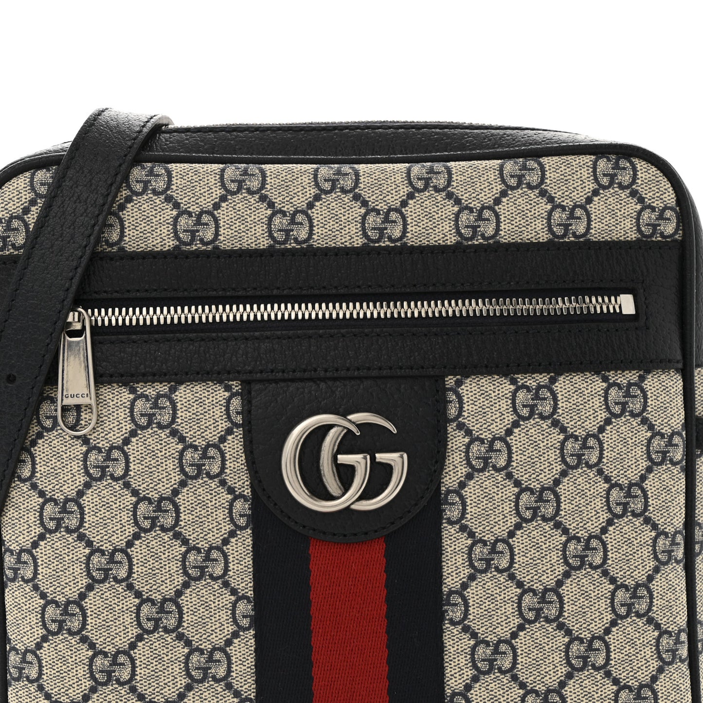 GG Supreme Monogram Textured Dollar Calfskin Web Small Ophidia Messenger Bag Beige Blue