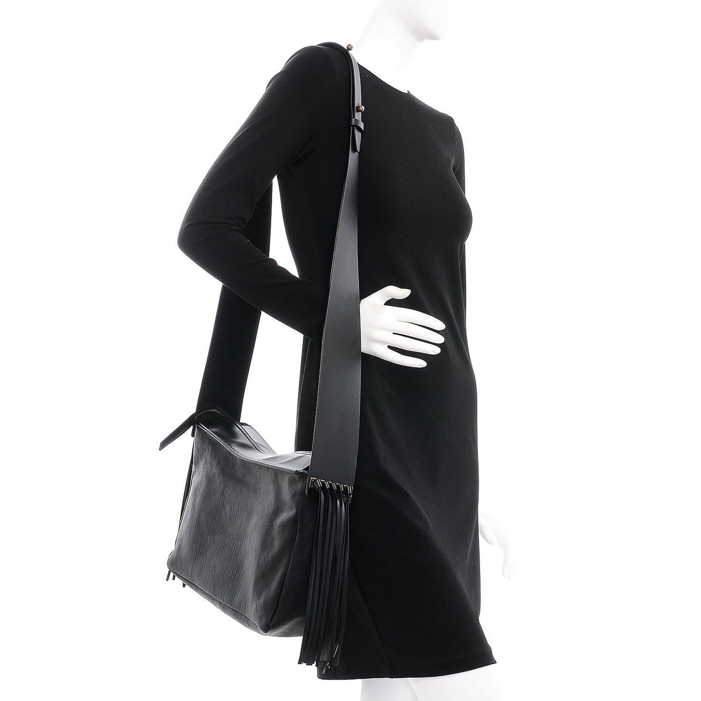 Calfskin Tribale Fringe Shoulder Bag Black