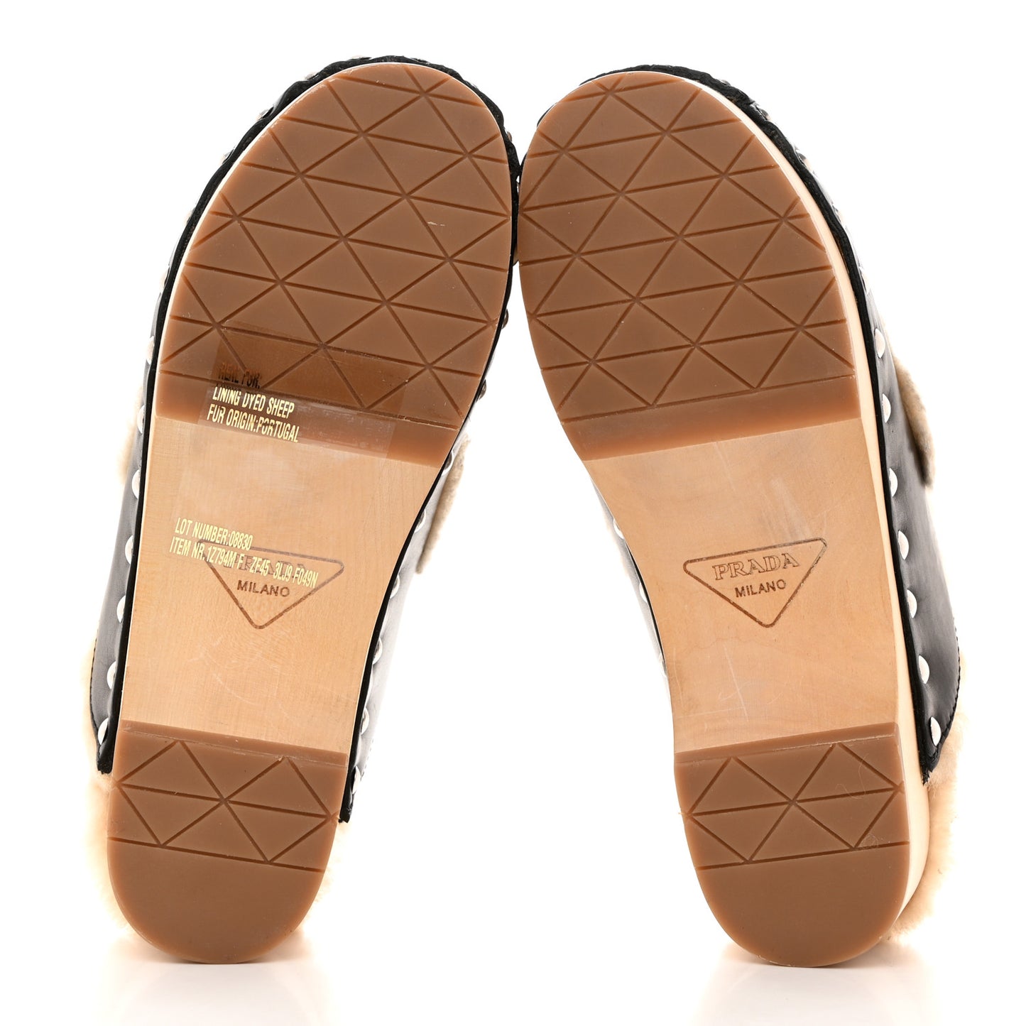 Natural Calfskin Shearling Metal Triangle Logo 45mm Clogs 37 Black Sabbia