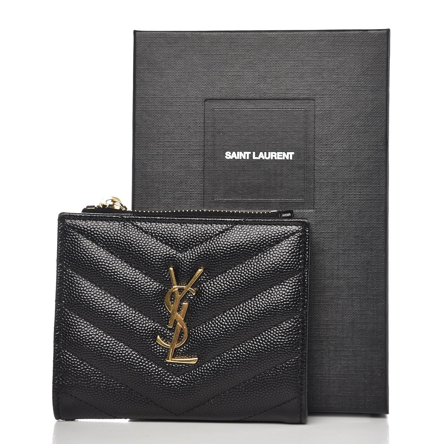 Saint Laurent Grain De Poudre Matelasse Chevron Monogram Zipped Card Case Black 8 of 8