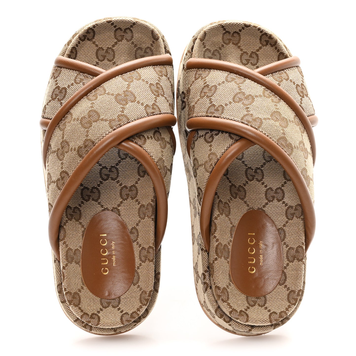 Monogram GG Calfskin Angelina Platform 55mm Slide Sandals 35 Camel Ebony