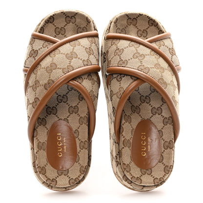 Gucci Monogram GG Calfskin Angelina Platform 55mm Slide Sandals 35 Camel Ebony 2 of 10
