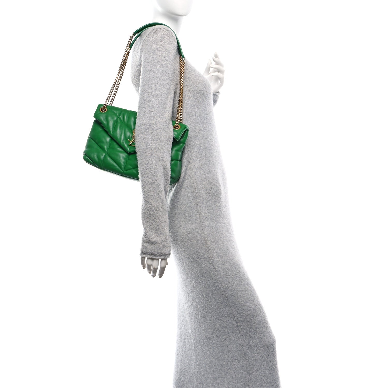 Saint Laurent Lambskin Quilted Small Loulou Puffer Monogram Chain Satchel New Vert 2 of 10