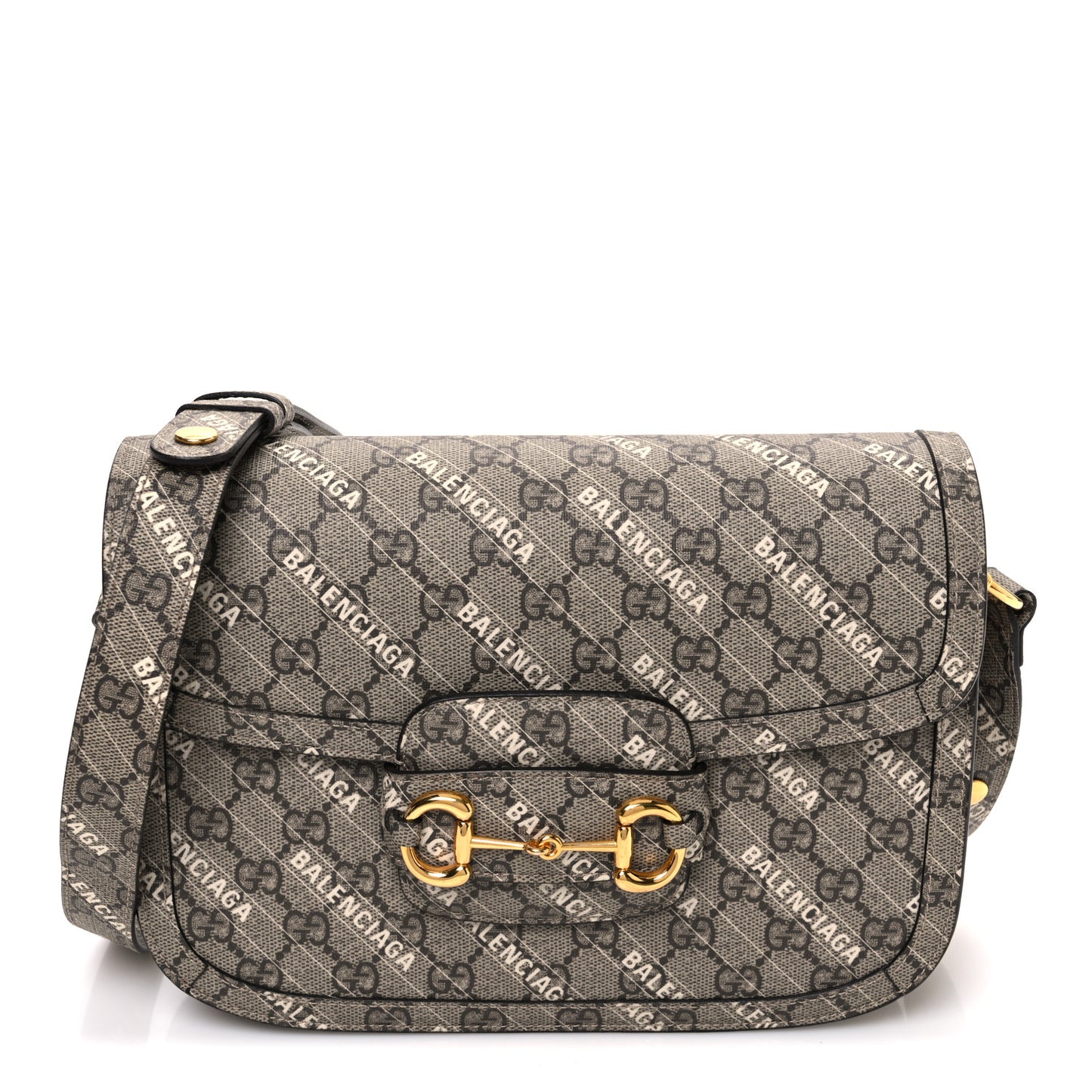 X BALENCIAGA GG Supreme Monogram Logo Print Horsebit 1955 Shoulder Bag Beige Ebony