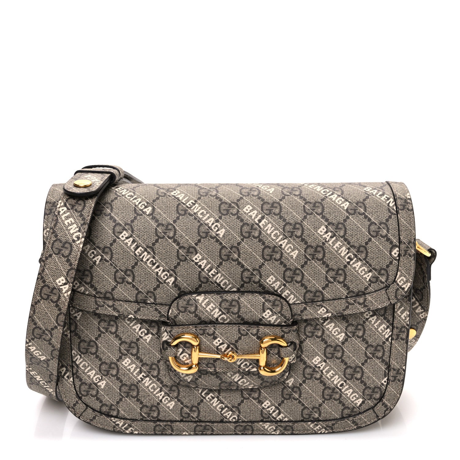 Gucci X BALENCIAGA GG Supreme Monogram Logo Print Horsebit 1955 Shoulder Bag Beige Ebony 1 of 10