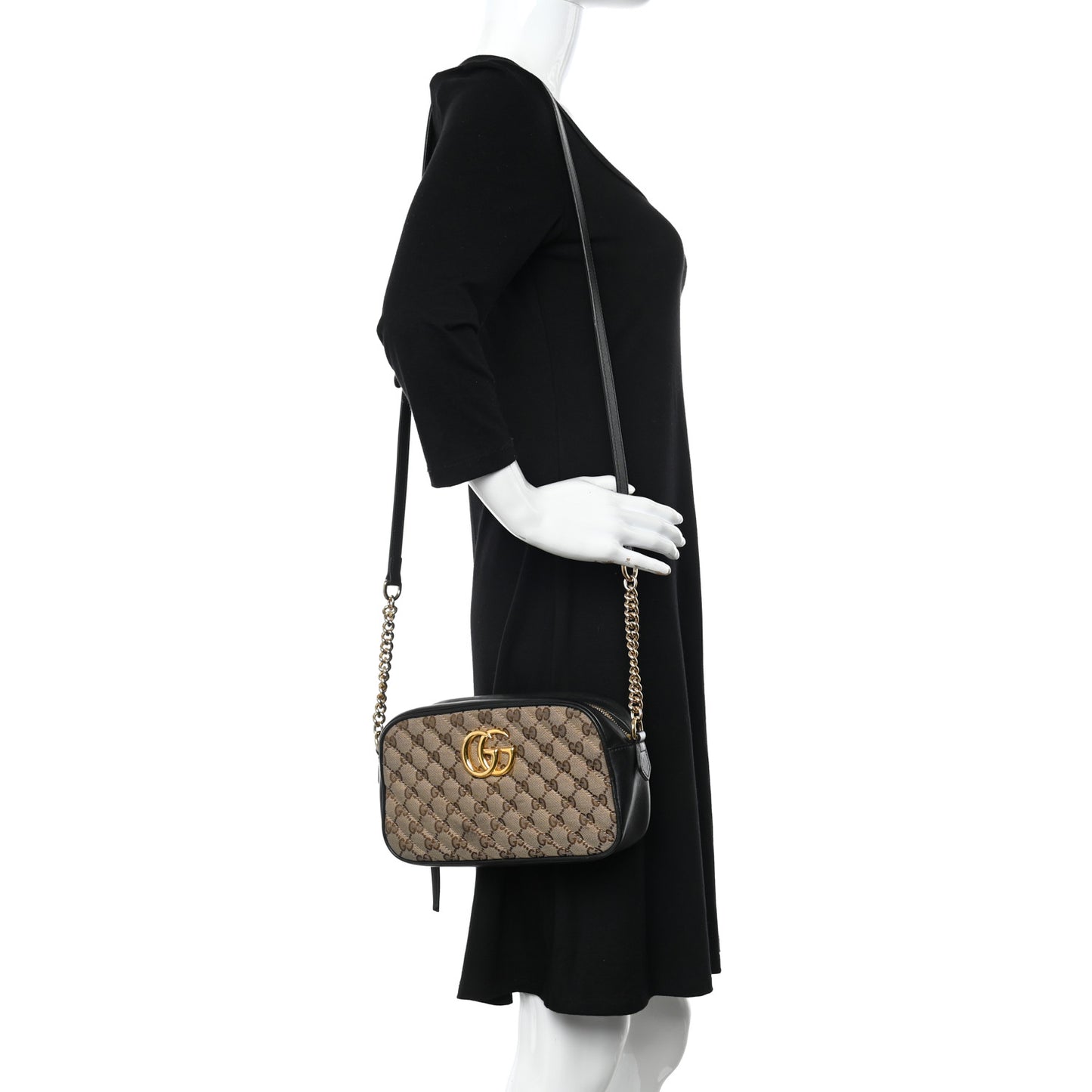 Monogram Matelasse Diagonal Small GG Marmont Chain Shoulder Bag Beige Black