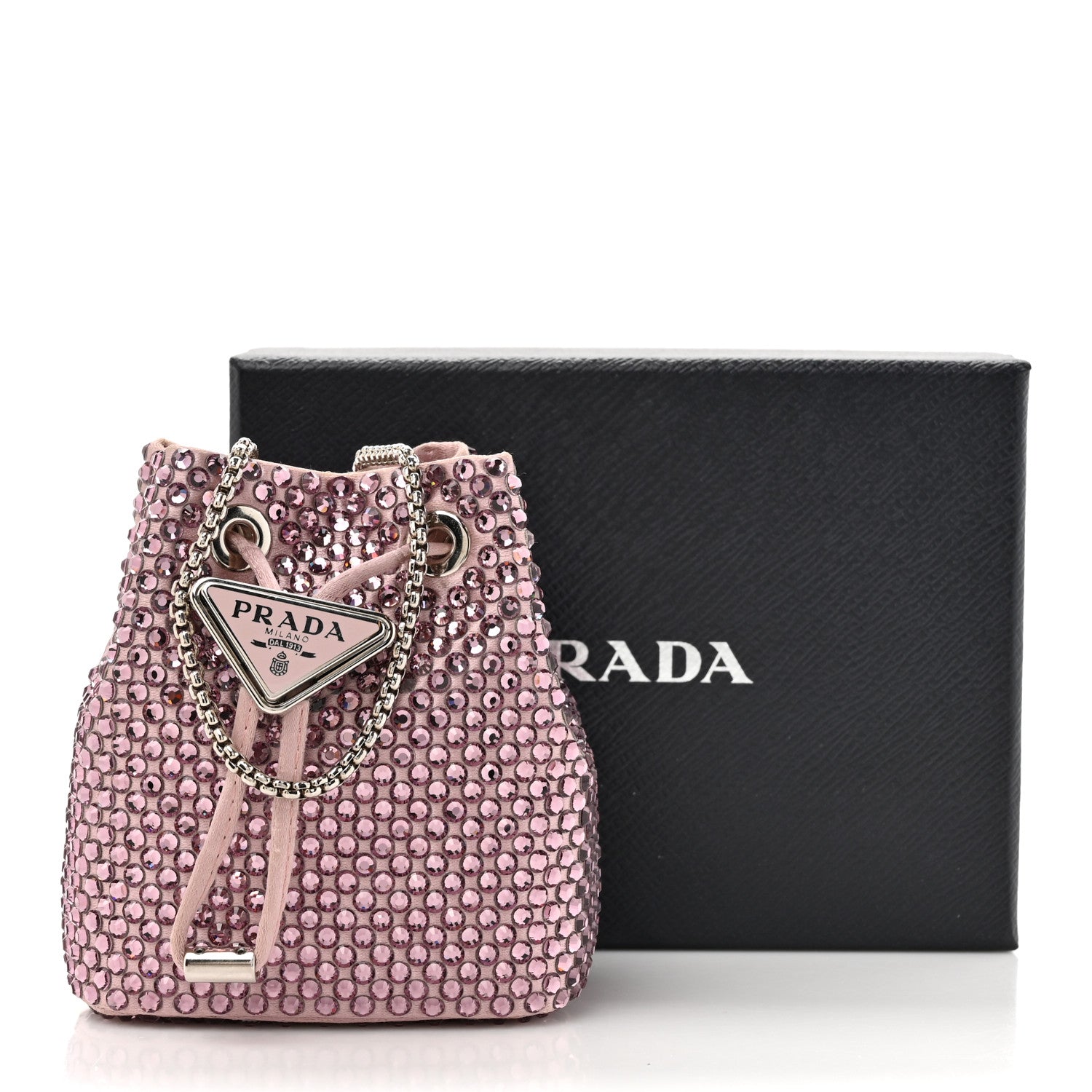 Prada Satin Crystal Metal Triangle Logo Mini Drawcord Pouch Shoulder Bag Alabastro 10 of 10