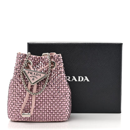 Prada Satin Crystal Metal Triangle Logo Mini Drawcord Pouch Shoulder Bag Alabastro 10 of 10