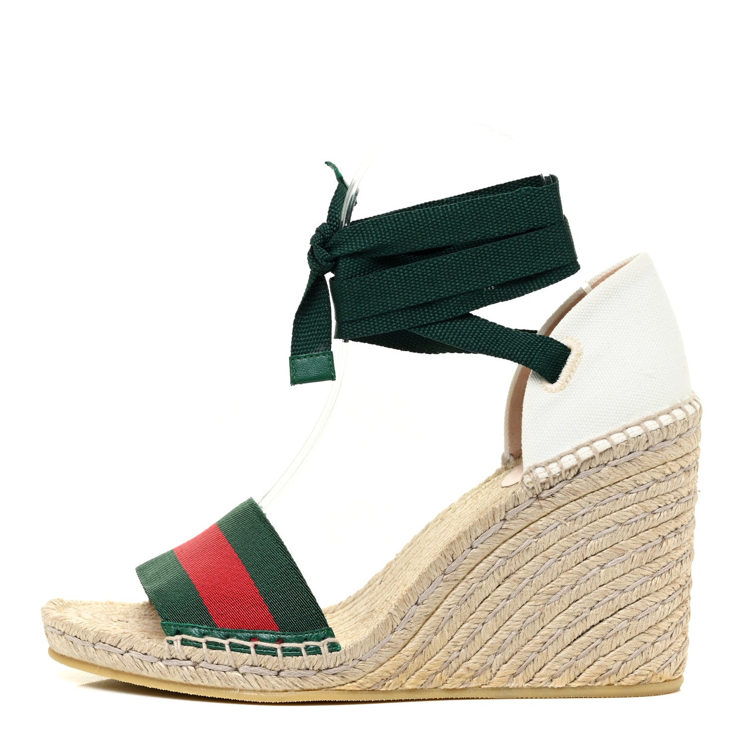 Gucci Canvas Malaga Kid Web Ankle Wrap Espadrille Wedge Sandals 38.5 Green Red Mystic White Emerald 1 of 13