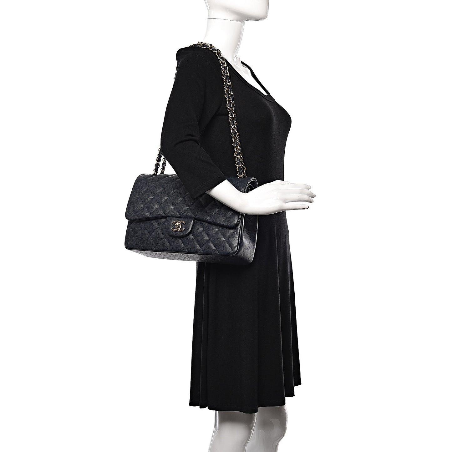 Caviar Quilted Jumbo Double Flap Navy Blue