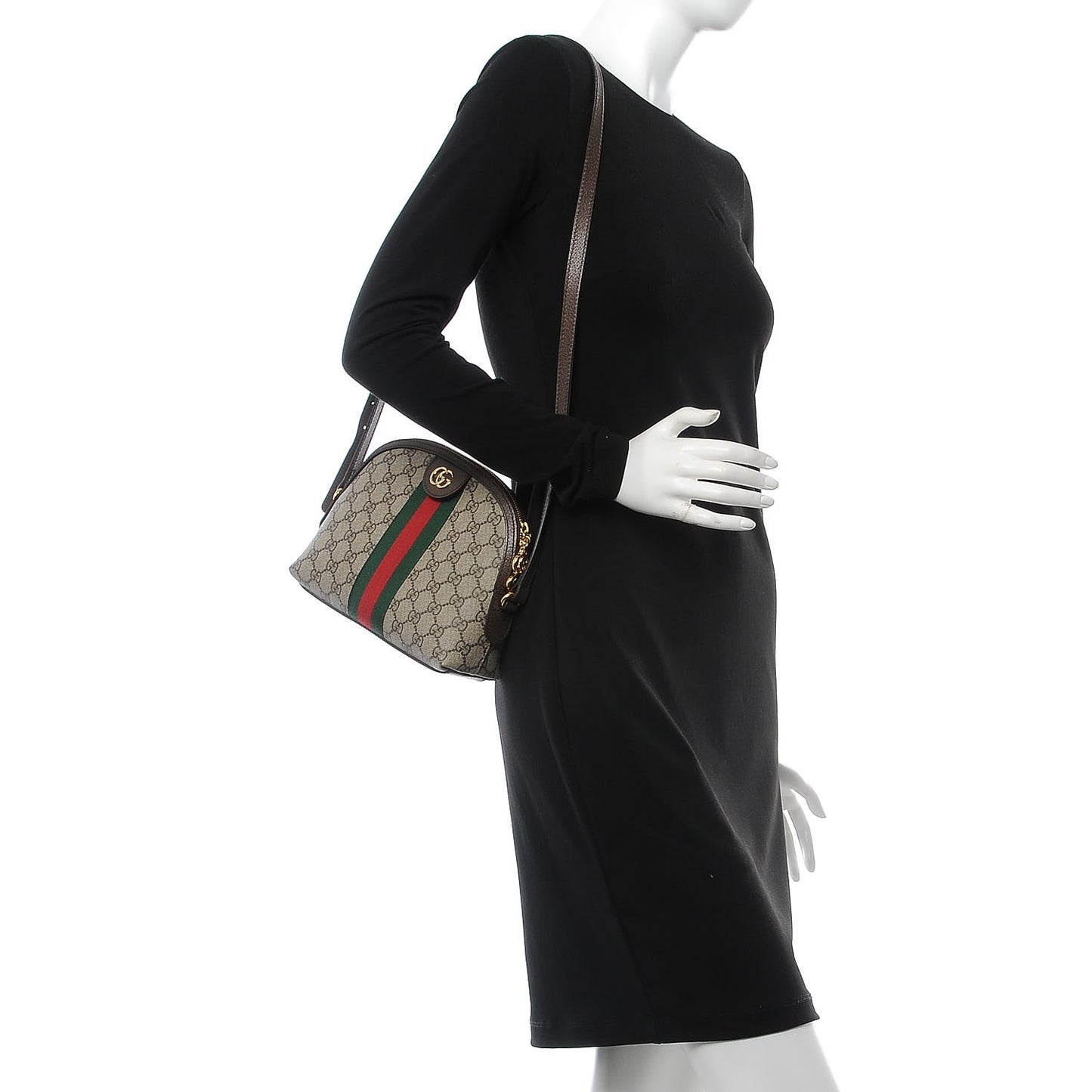 GG Supreme Monogram Textured Dollar Calfskin Web Small Ophidia Dome Shoulder Bag Beige Ebony New Acero