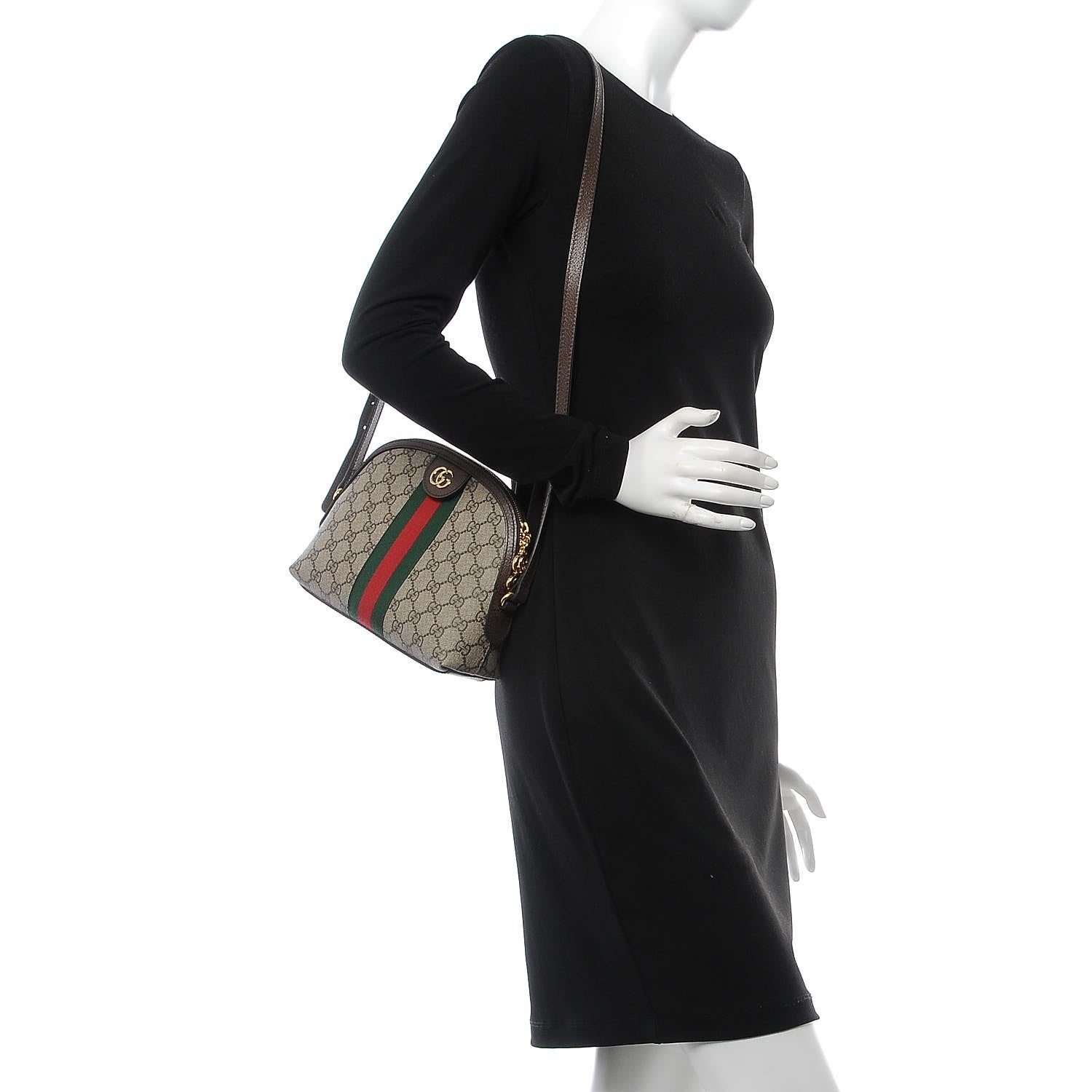 Gucci GG Supreme Monogram Textured Dollar Calfskin Web Small Ophidia Dome Shoulder Bag Beige Ebony New Acero 2 of 8