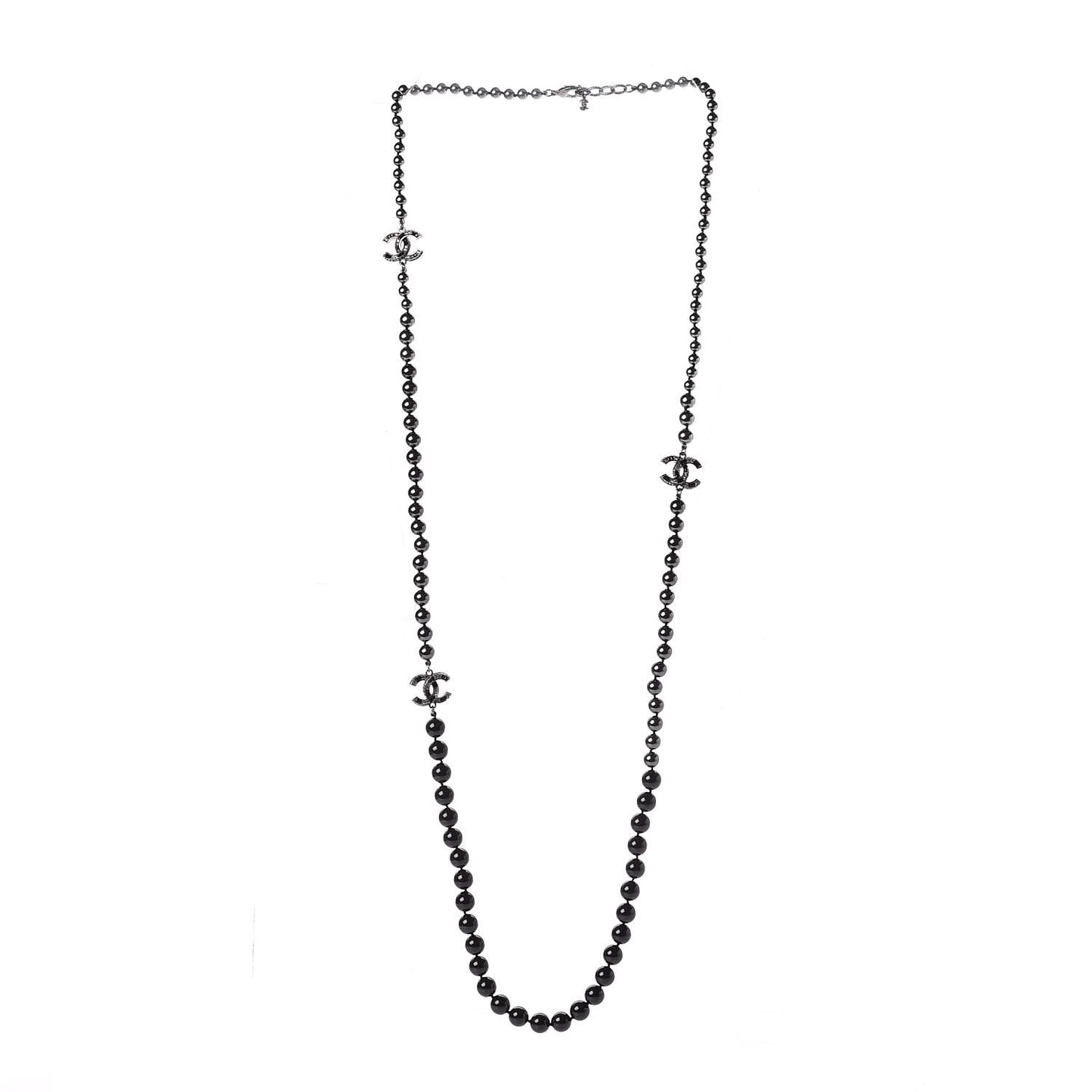 Ruthenium Crystal Baguette Pearl Beaded CC Long Necklace Black Grey