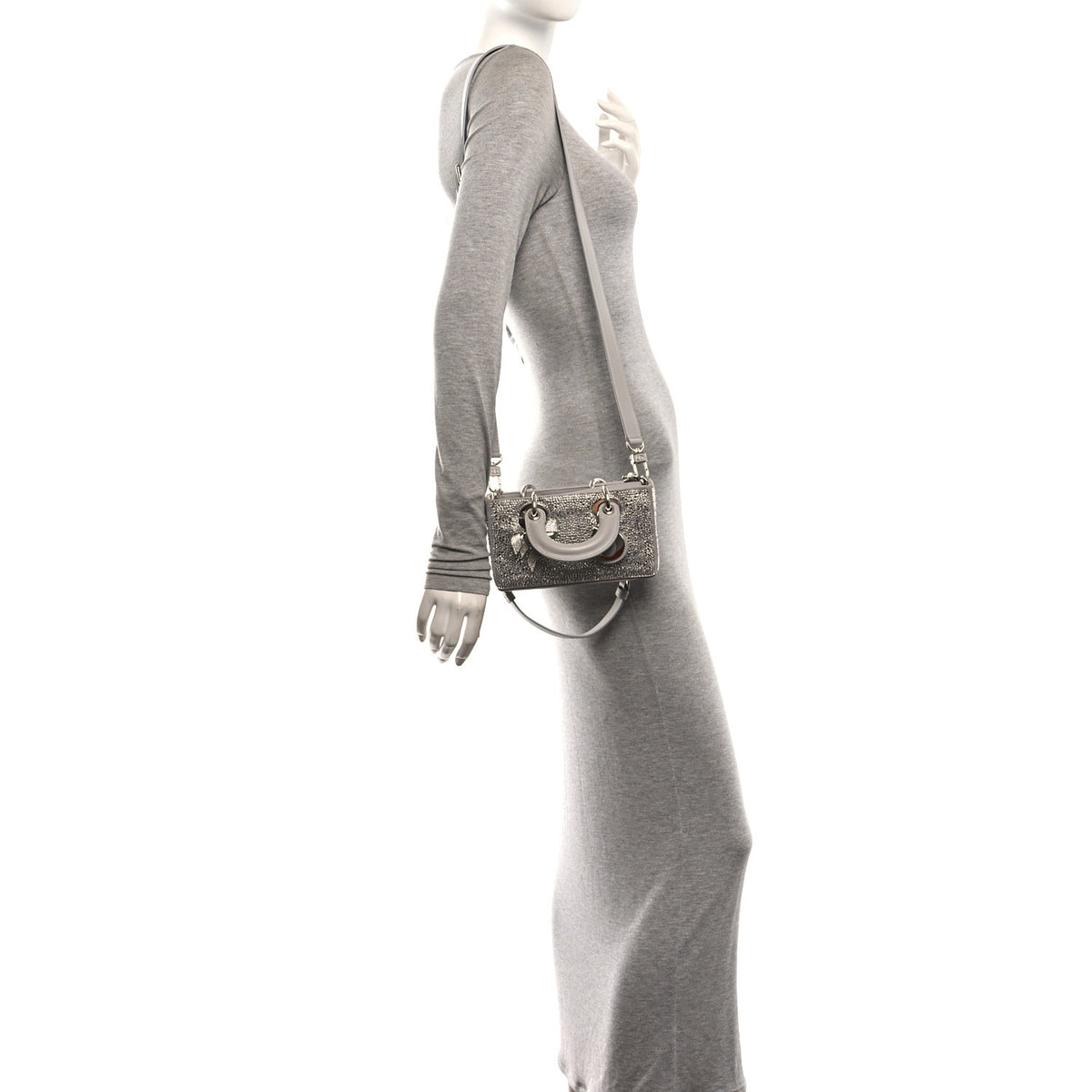 Lambskin Crystal Embroidered Mini Lady D-Joy Argent