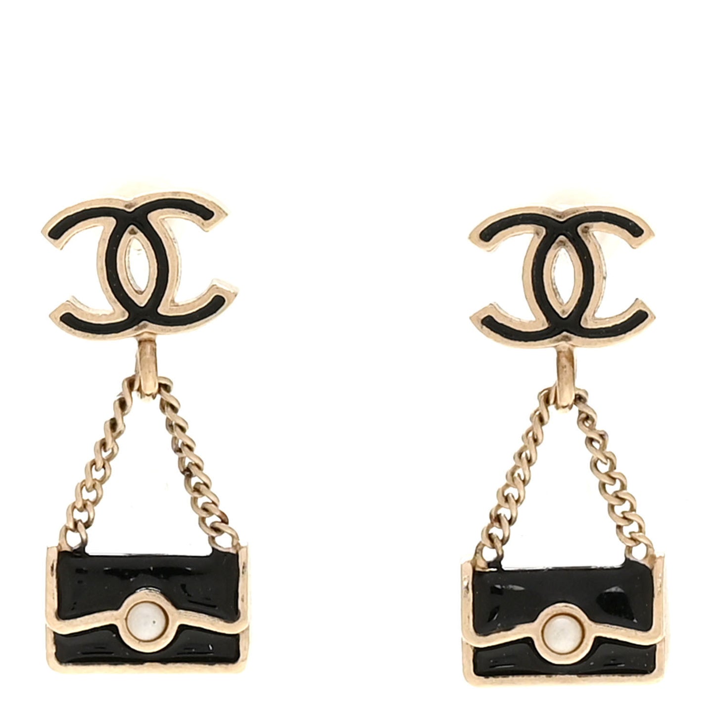 Enamel Pearl CC Flap Bag Drop Earrings Black Gold