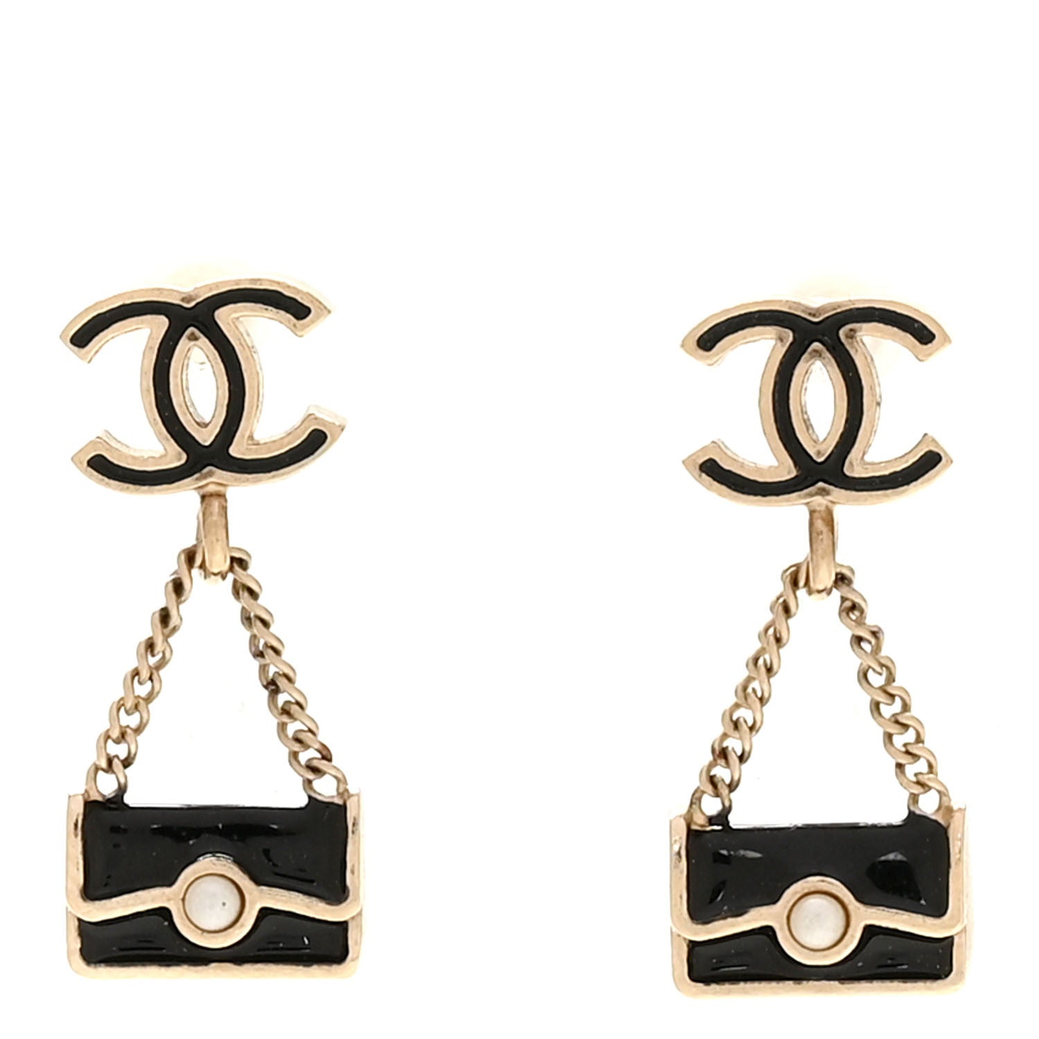 Chanel Enamel Pearl CC Flap Bag Drop Earrings Black Gold 1 of 5