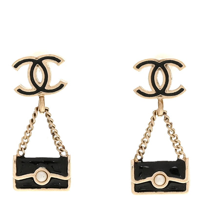 Chanel Enamel Pearl CC Flap Bag Drop Earrings Black Gold 1 of 5
