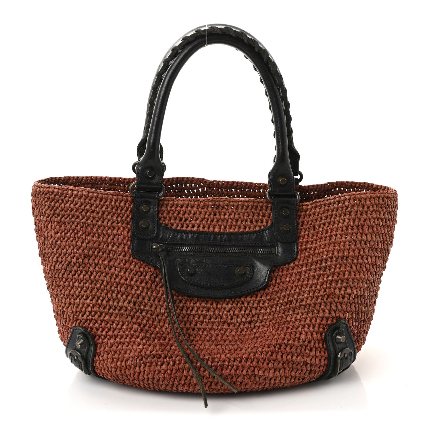 Balenciaga Raffia Calfskin Panier Basket Tote Brown Black 1 of 9