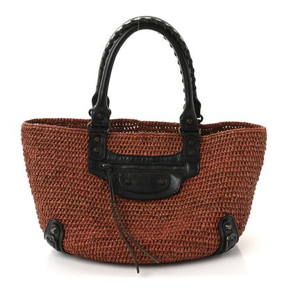 Balenciaga Raffia Calfskin Panier Basket Tote Brown Black 1 of 9