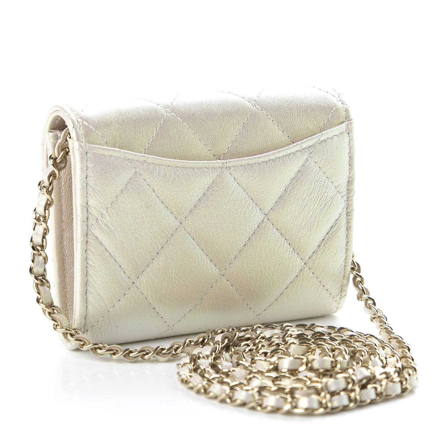 Iridescent Lambskin Quilted Flap Card Holder On Chain Ivory
