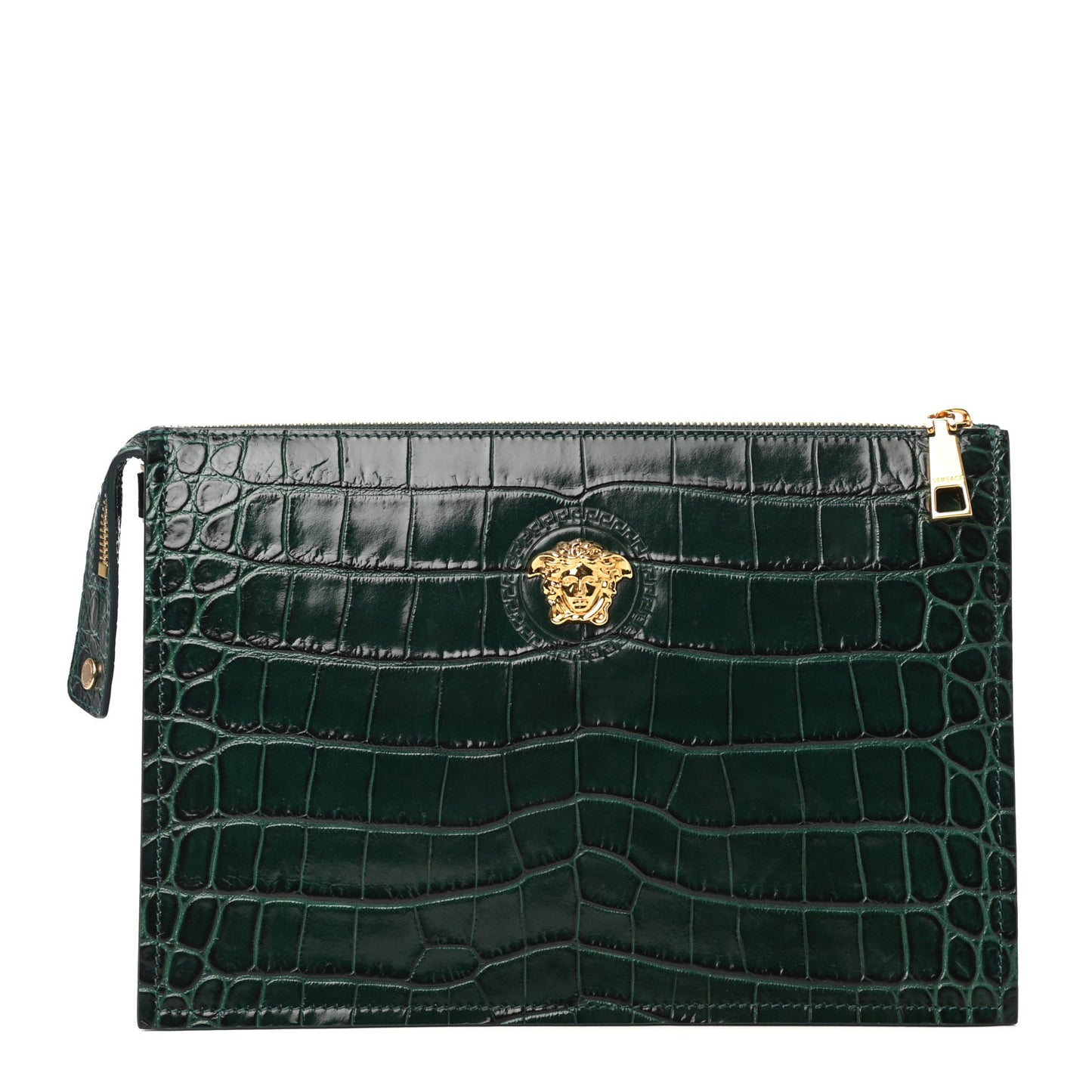 Crocodile Embossed Calfskin Medusa Wristlet Green