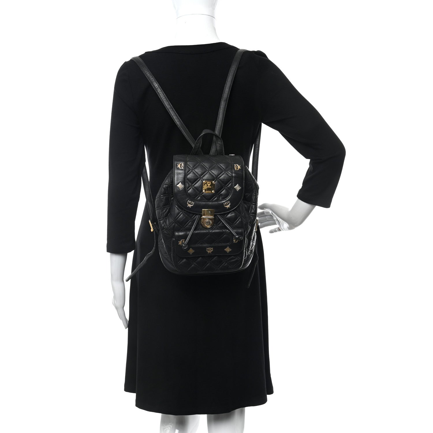 MCM Calfskin Studded Drawstring Backpack Black 2 of 11
