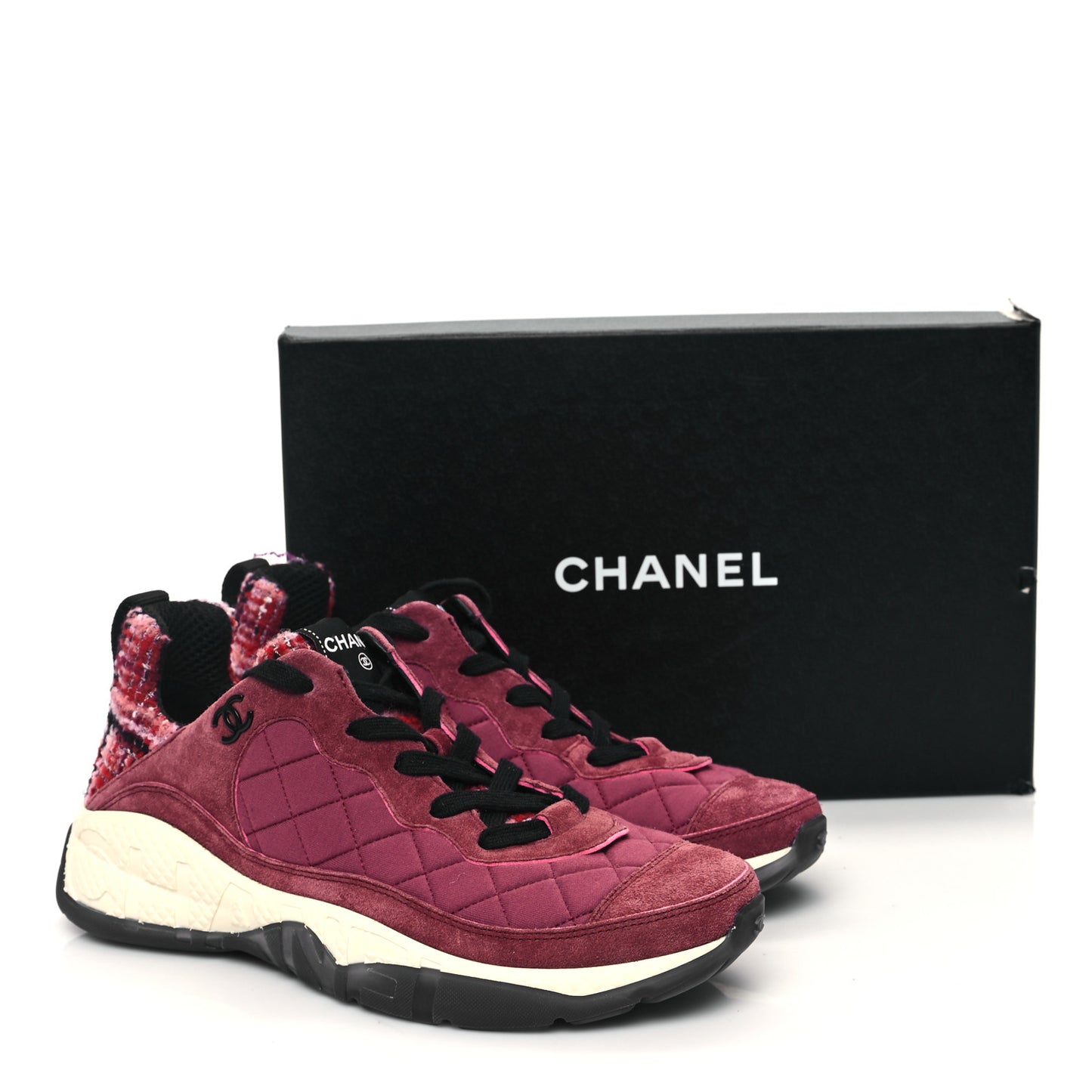 Tweed Suede Calfskin Grained Calfskin Womens CC Sneakers 41 Burgundy Black Silver