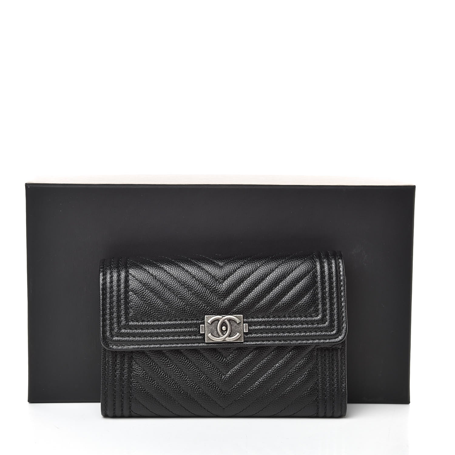 Chanel Caviar Chevron Quilted Medium Boy Flap Wallet Black 9 of 9