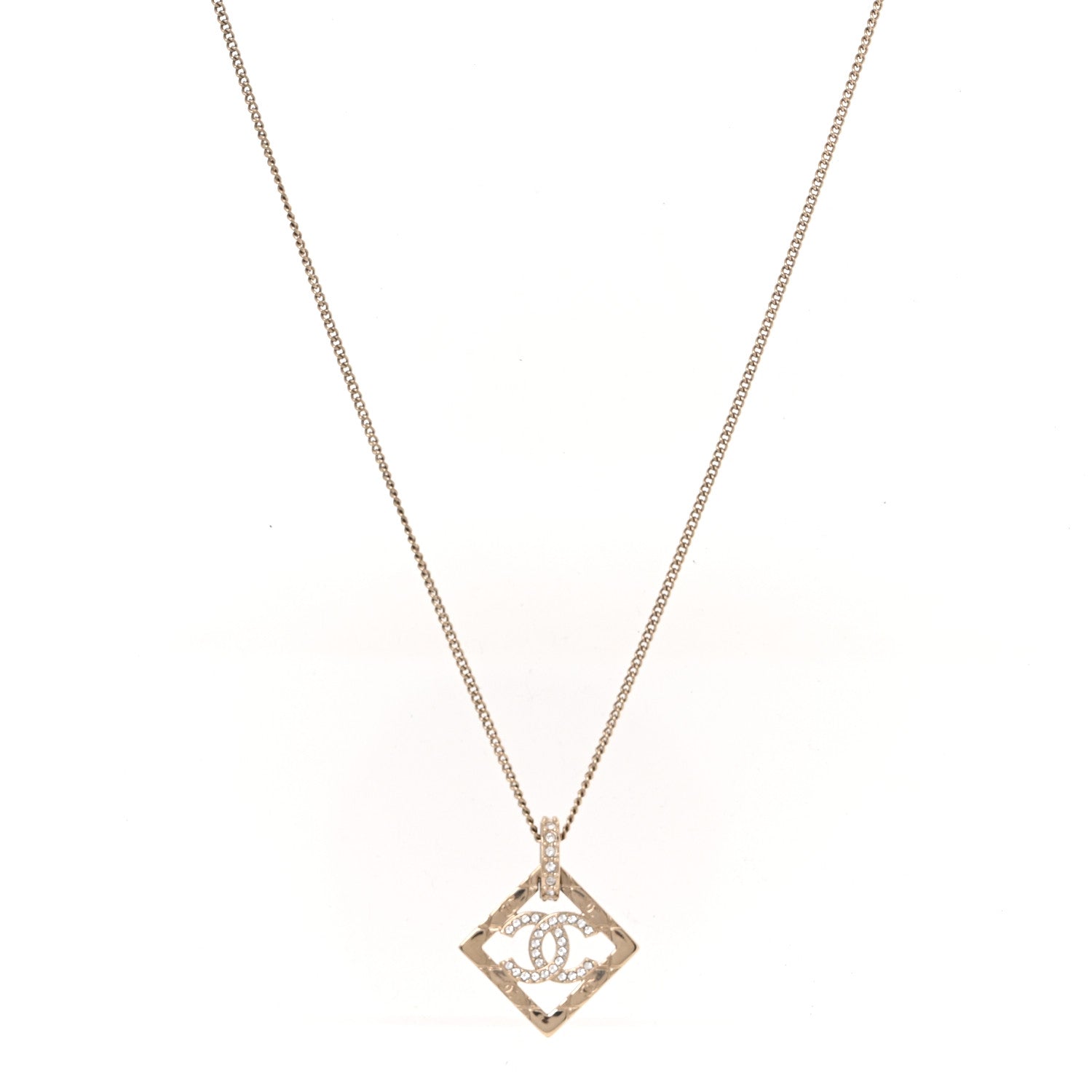 Chanel Baguette Crystal Quilted CC Pendant Necklace Gold 3 of 5