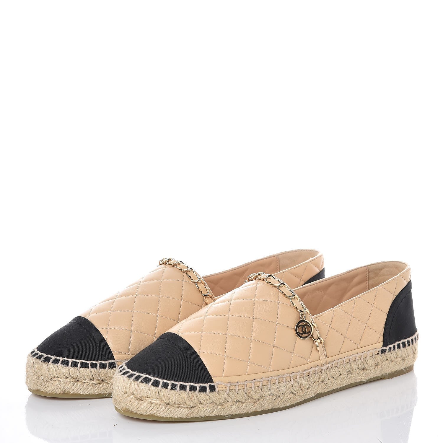 Chanel Lambskin Grosgrain Quilted CC Chain Espadrilles 41 Beige Black 3 of 11