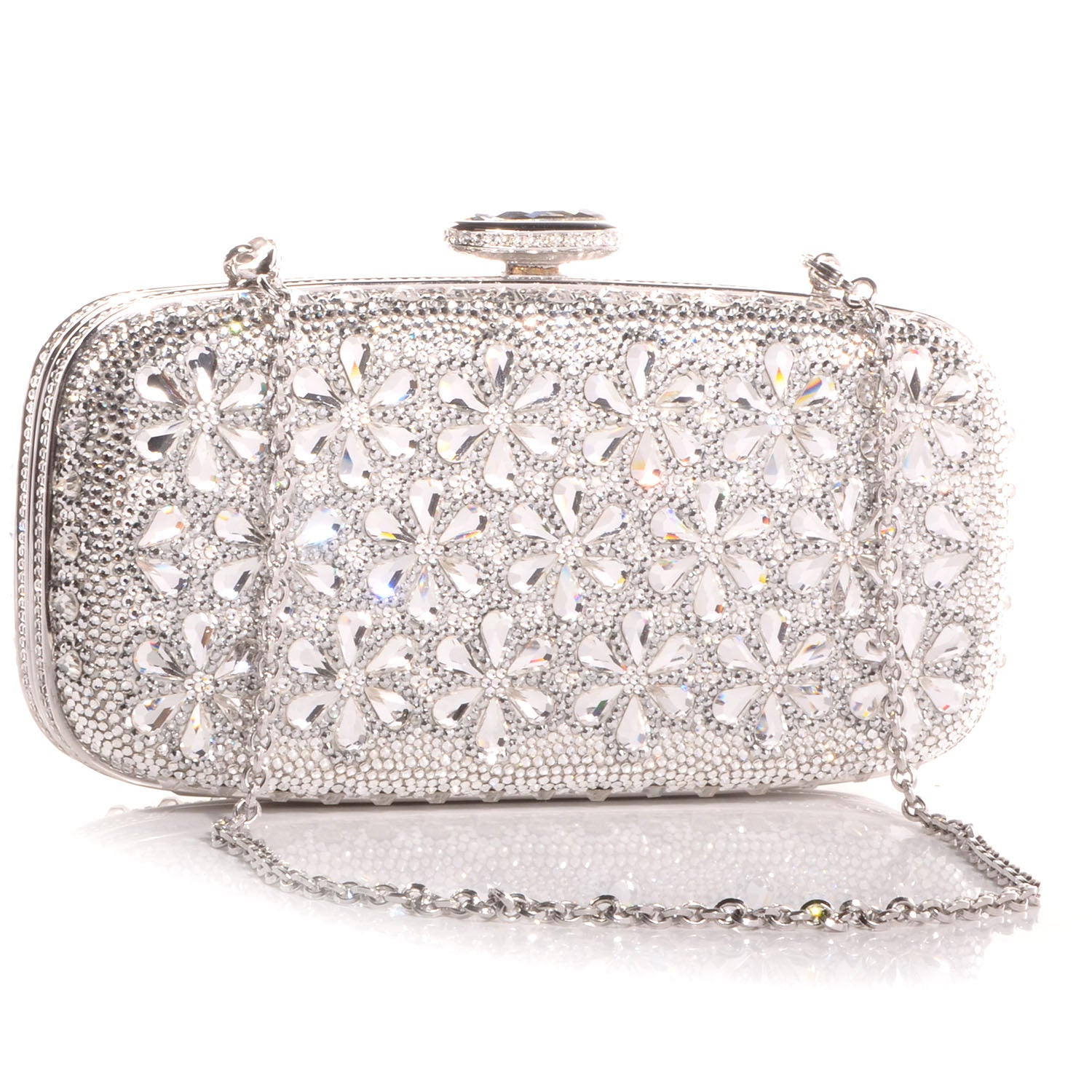 Judith Leiber Crystal Fleurs Minaudiere Clutch Silver 3 of 8