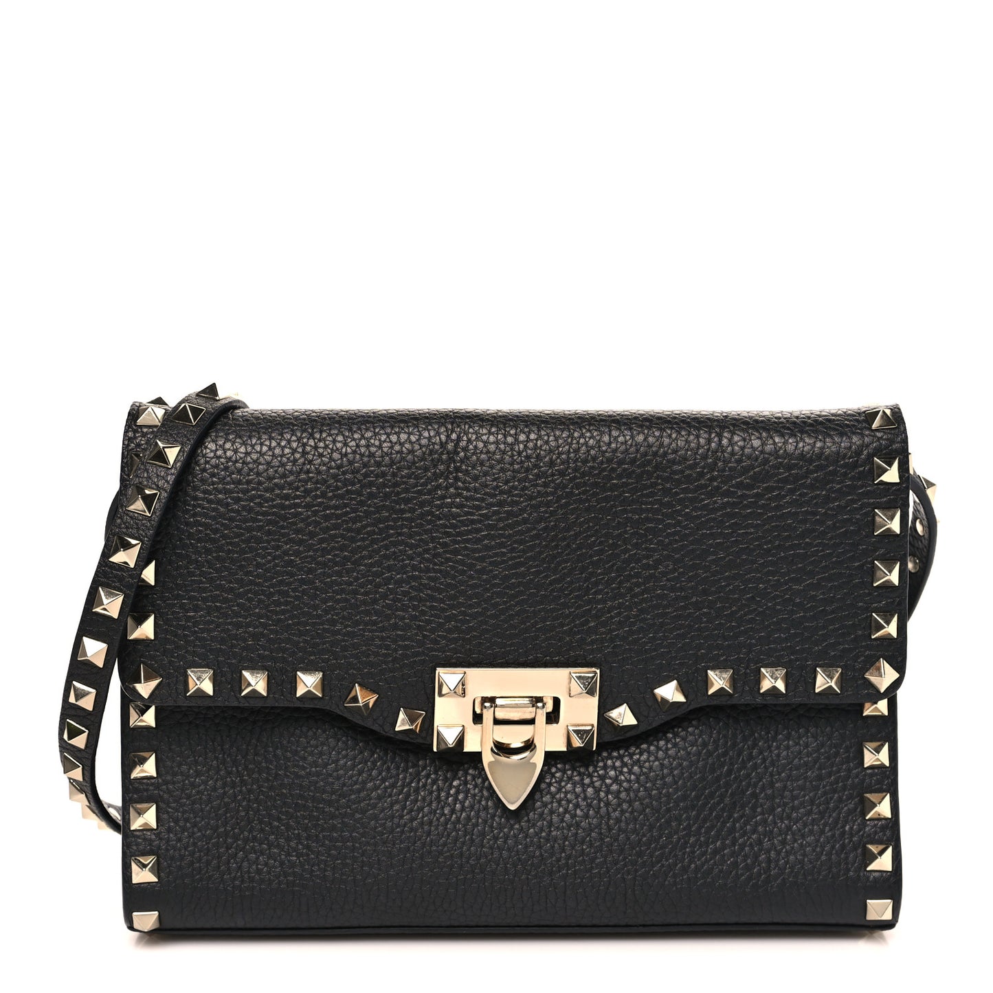 Pebbled Calfskin Medium Rockstud Flip Lock Crossbody Bag Black