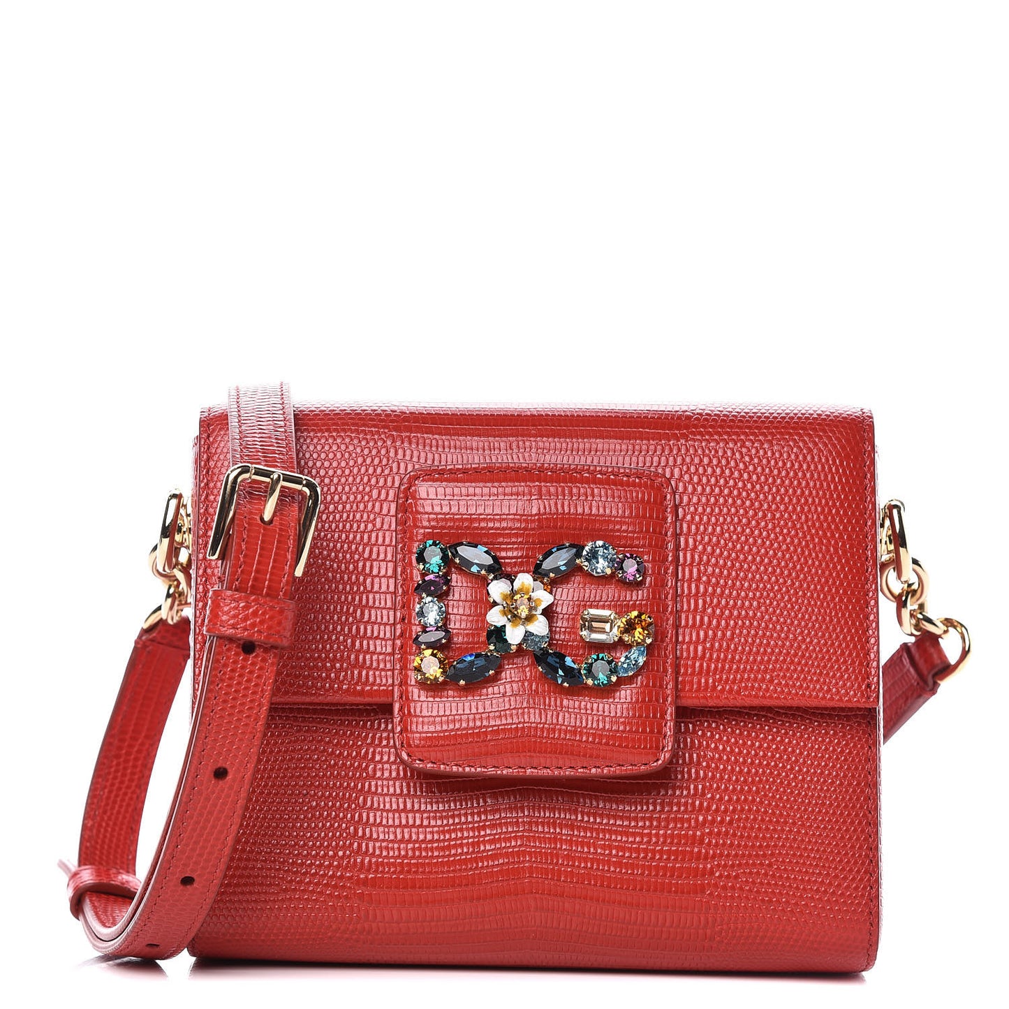 Stampa Iguana Calfskin Crystal Mini Milennials Shoulder Bag Rosso