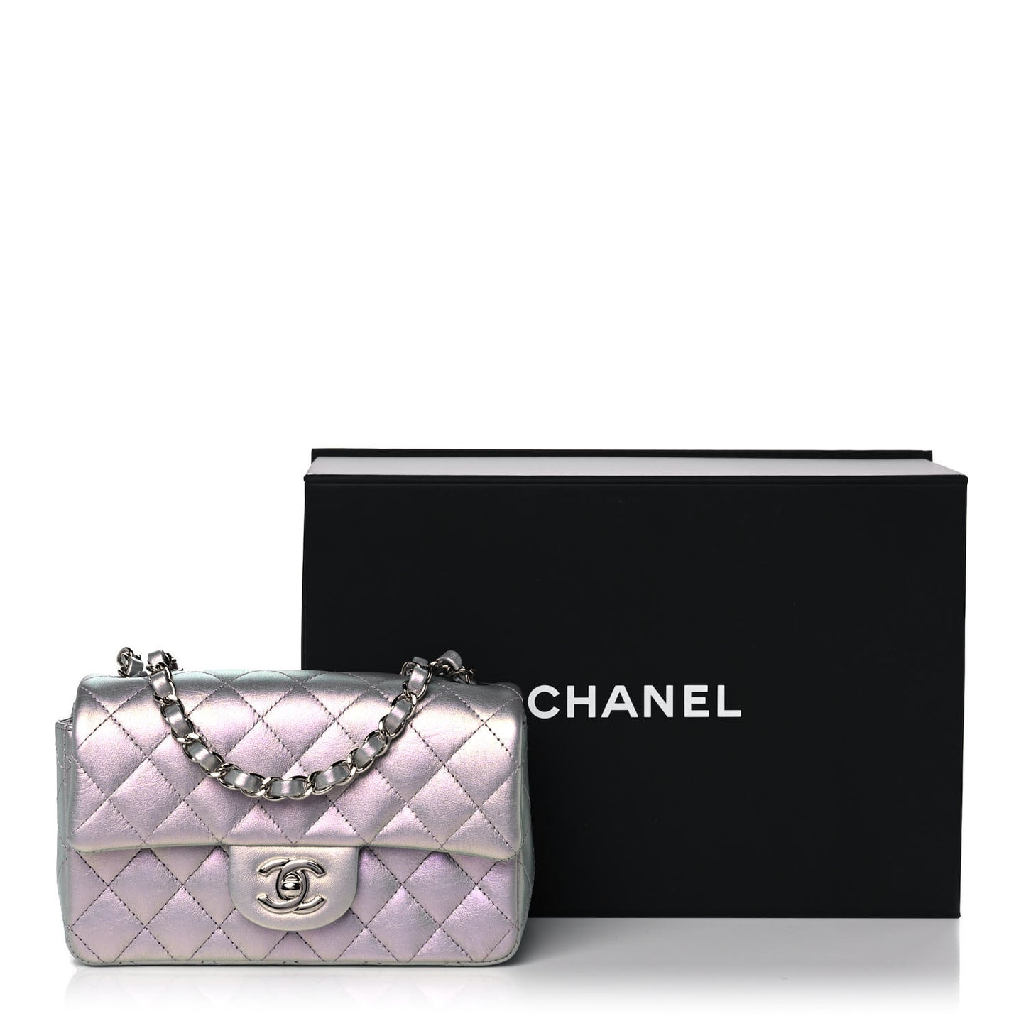 Iridescent Calfskin Quilted Mini Rectangular Flap Light Purple
