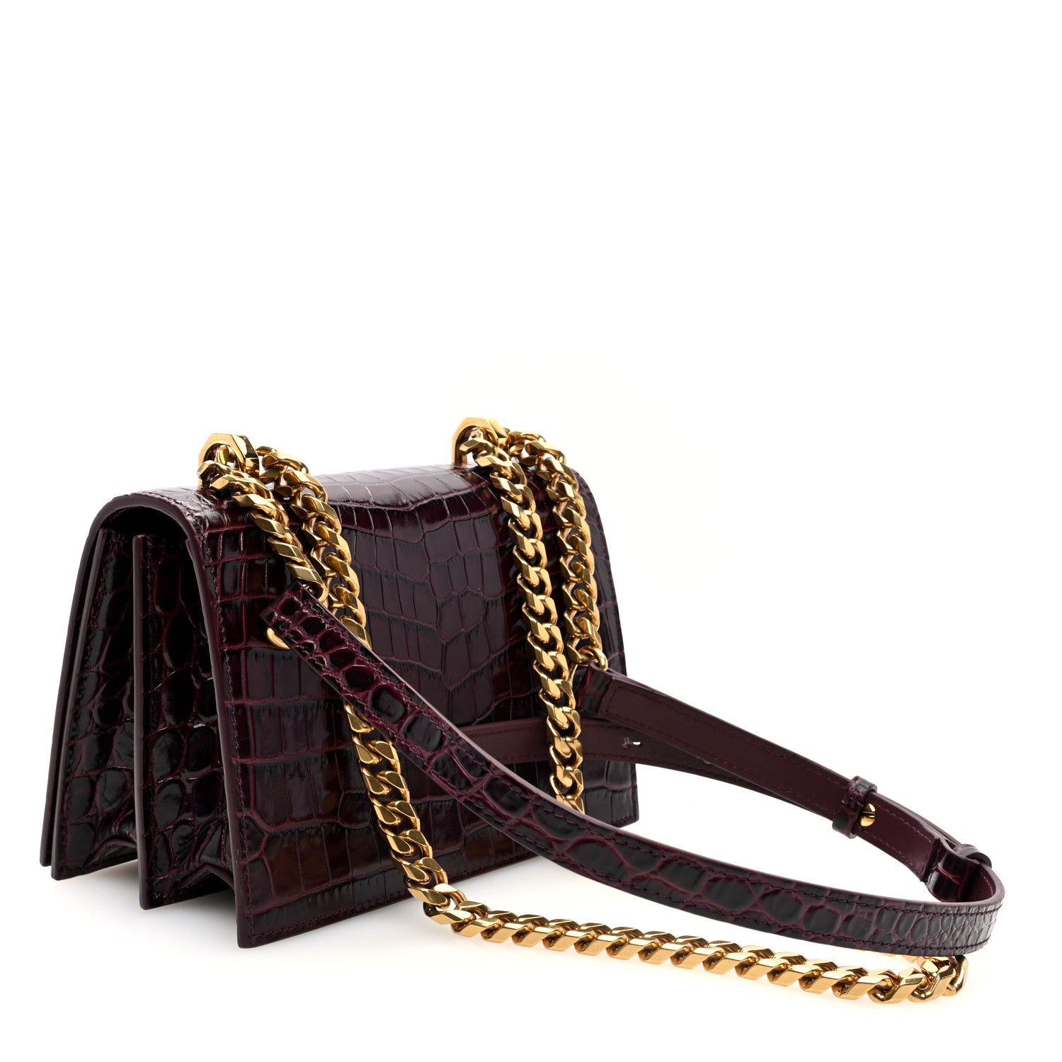 Alexander McQueen Calfskin Crocodile Embossed Jeweled Shoulder Bag Burgundy 3 of 9