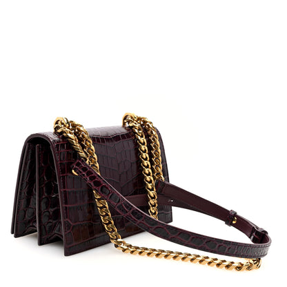 Alexander McQueen Calfskin Crocodile Embossed Jeweled Shoulder Bag Burgundy 3 of 9