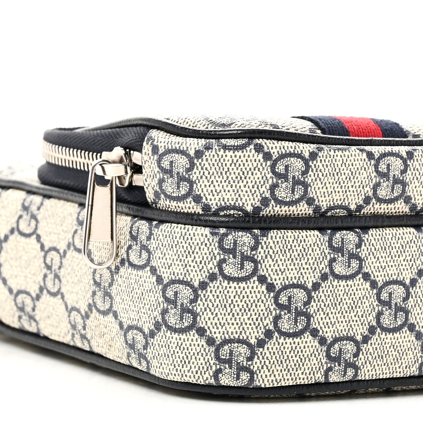 GG Supreme Monogram Textured Dollar Calfskin Web Mini Ophidia Double Zip Messenger Bag Beige Blue