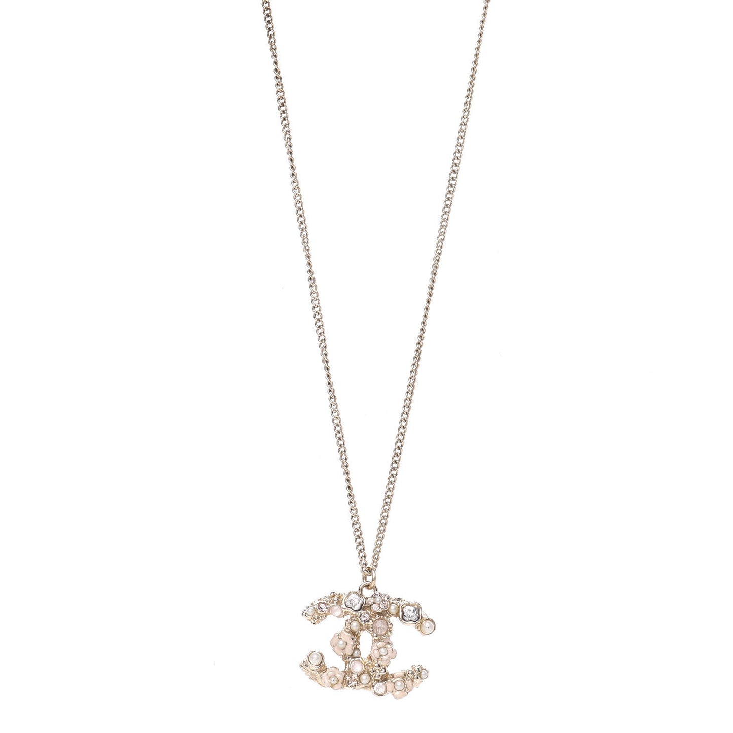Crystal Pearl Enamel Camellia CC Pendant Necklace Pink Gold