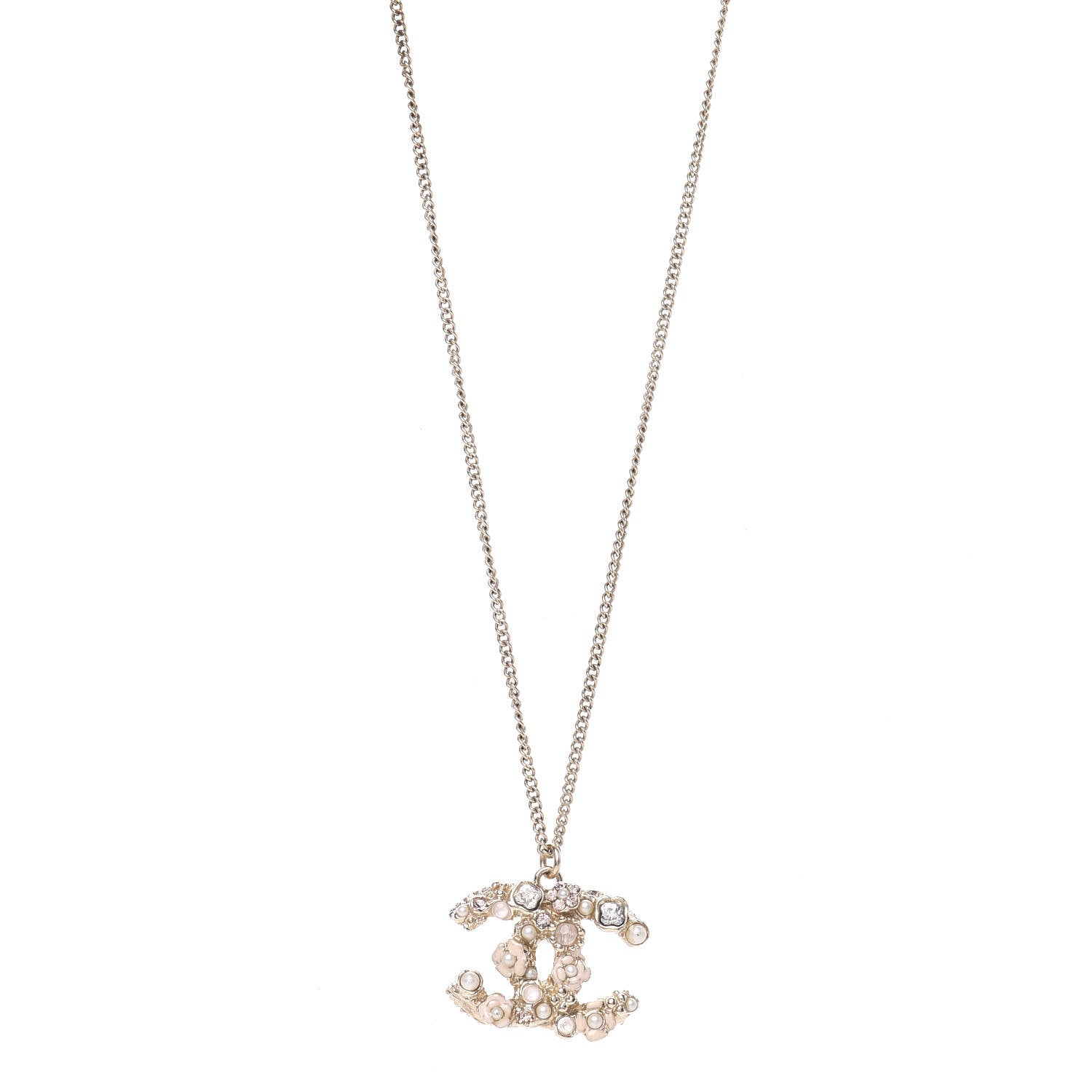 Chanel Crystal Pearl Enamel Camellia CC Pendant Necklace Pink Gold 1 of 4