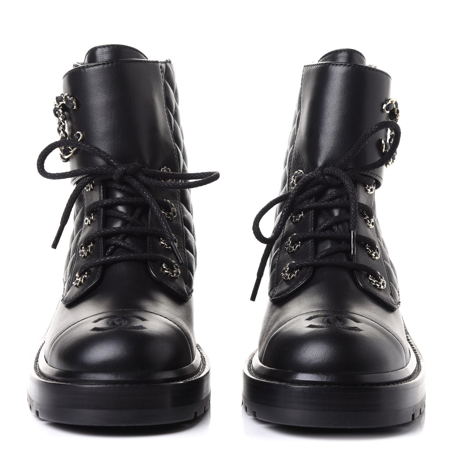 Shiny Lambskin Quilted Lace Up Combat Boots 40 Black