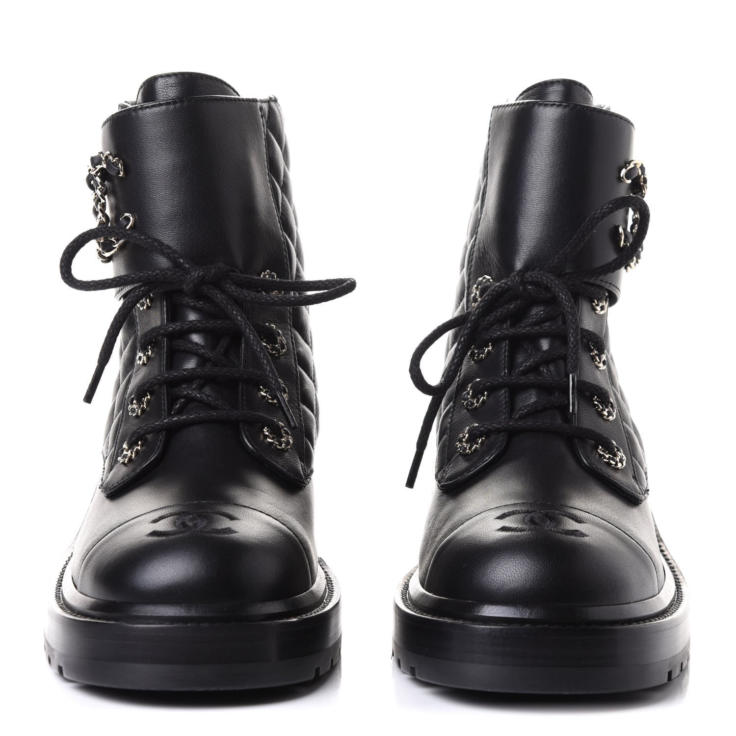 Chanel Shiny Lambskin Quilted Lace Up Combat Boots 40 Black 2 of 11