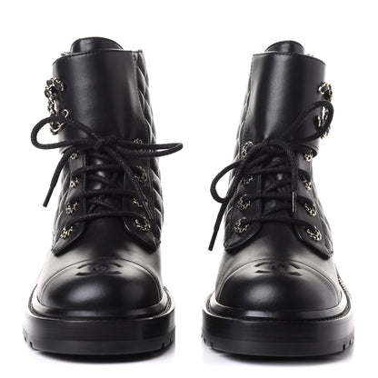 Chanel Shiny Lambskin Quilted Lace Up Combat Boots 40 Black 2 of 11